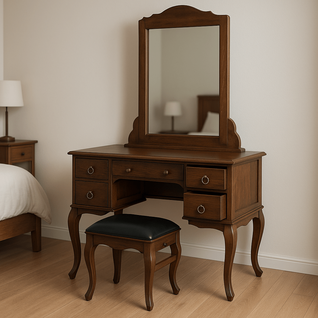 DST - 1001 Premium Teak Dressing Table – Handcrafted Vanity Set with Chair | Custom Finish Options - TimberCraft