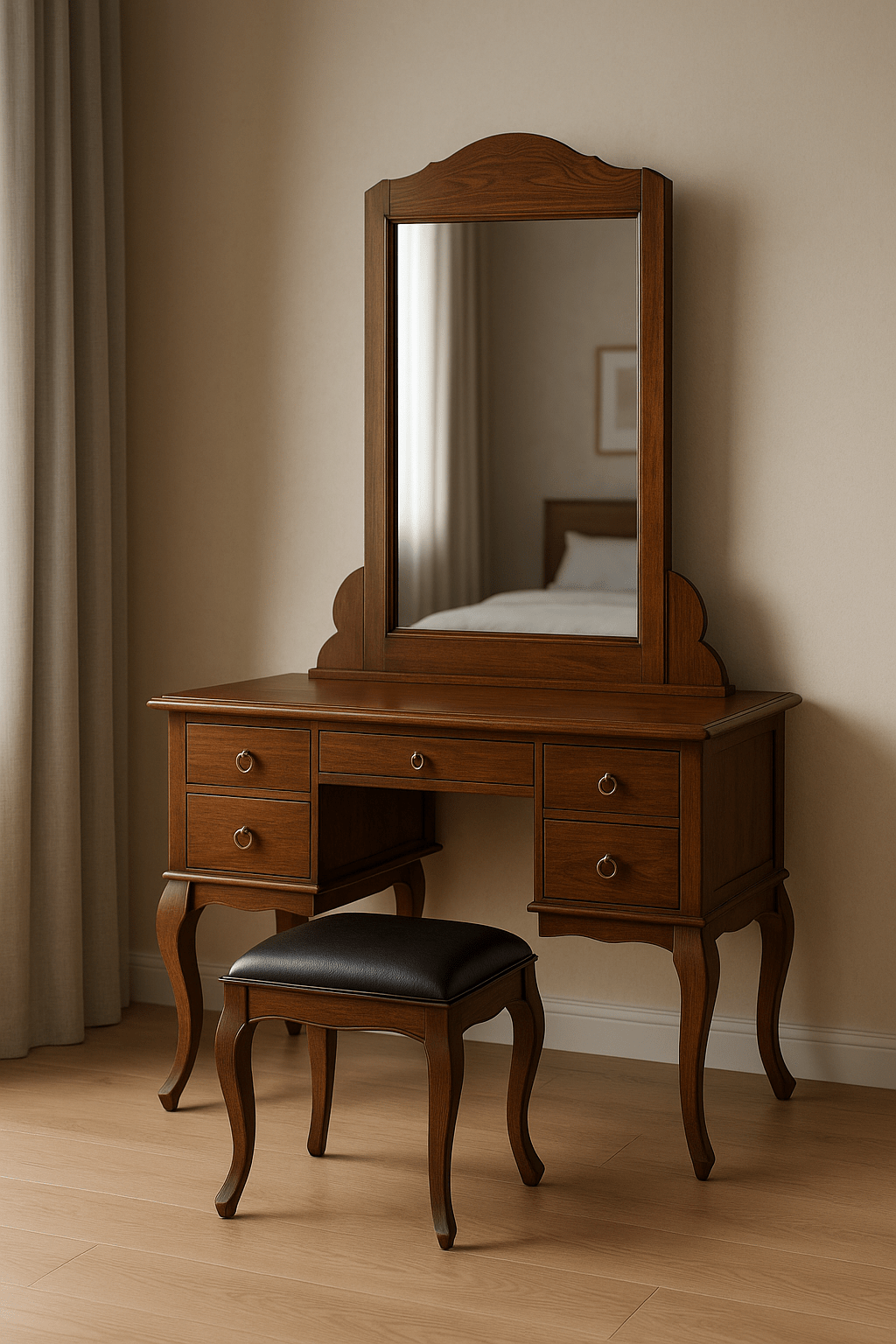 DST - 1001 Premium Teak Dressing Table – Handcrafted Vanity Set with Chair | Custom Finish Options - TimberCraft