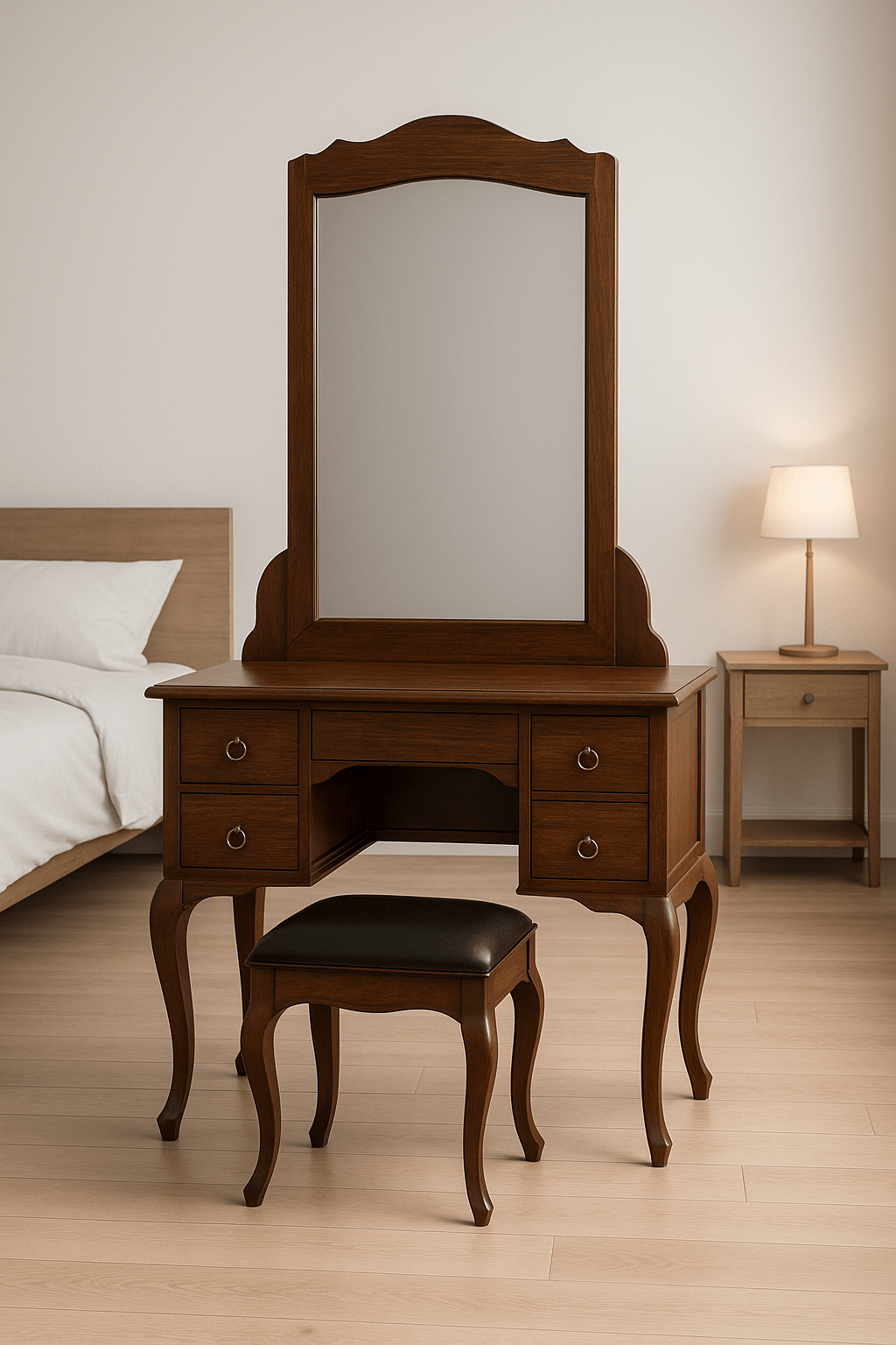 DST - 1001 Premium Teak Dressing Table – Handcrafted Vanity Set with Chair | Custom Finish Options - TimberCraft