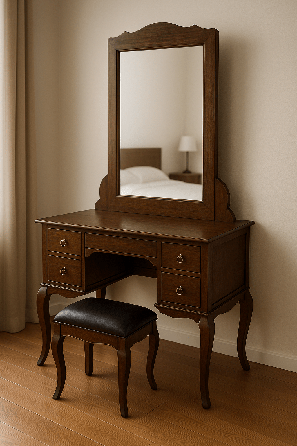 DST - 1001 Premium Teak Dressing Table – Handcrafted Vanity Set with Chair | Custom Finish Options - TimberCraft