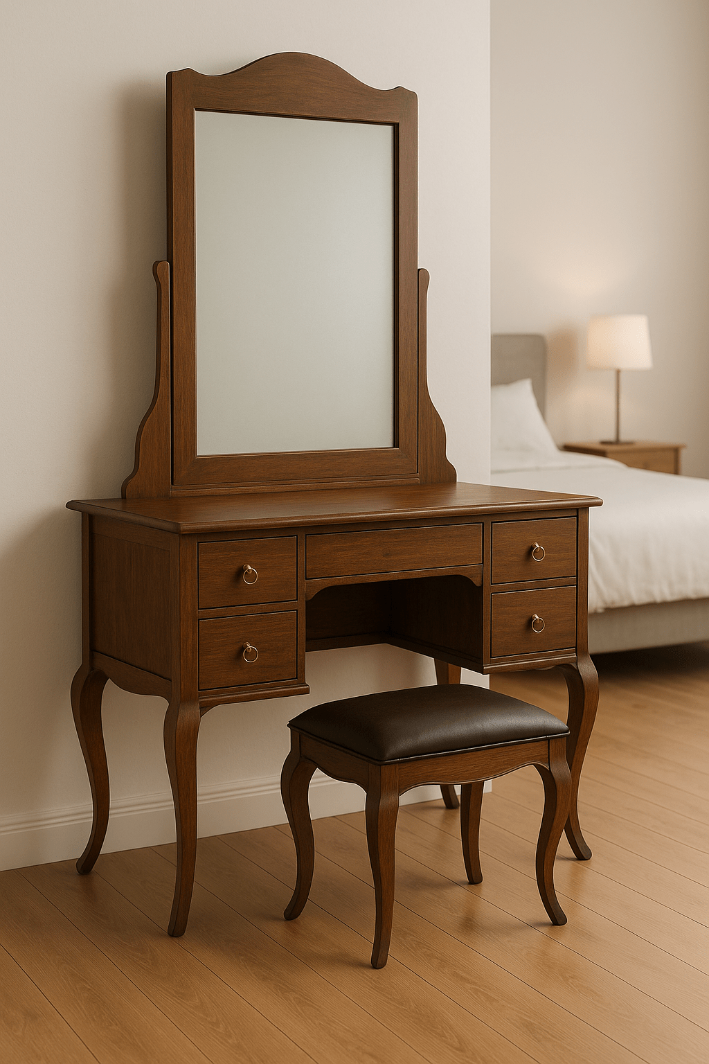 DST - 1001 Premium Teak Dressing Table – Handcrafted Vanity Set with Chair | Custom Finish Options - TimberCraft