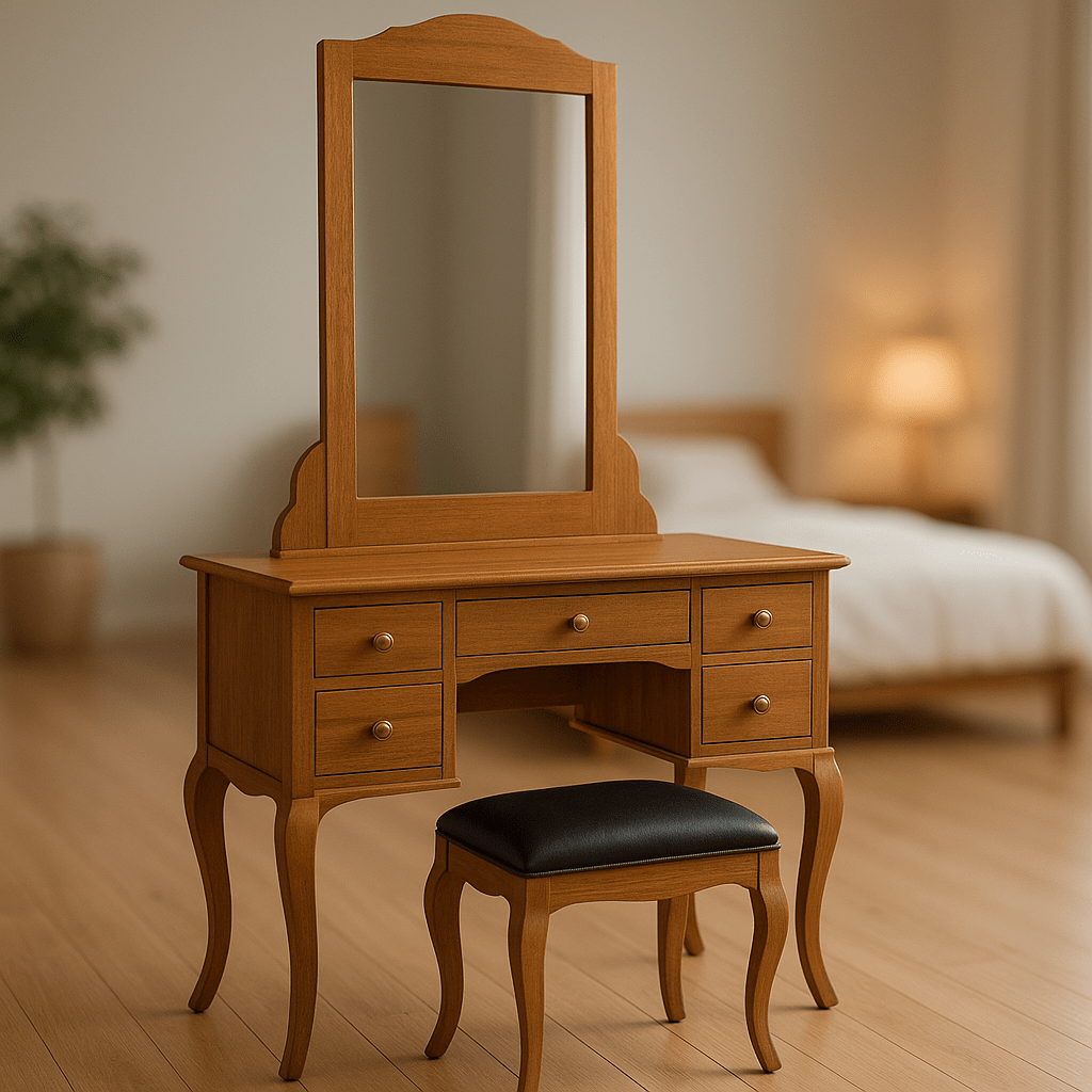 DST - 1001 Premium Teak Dressing Table – Handcrafted Vanity Set with Chair | Custom Finish Options - TimberCraft
