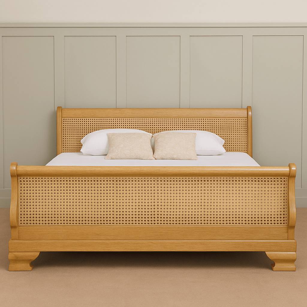 Wooden bed with wicker design against a beige wall
