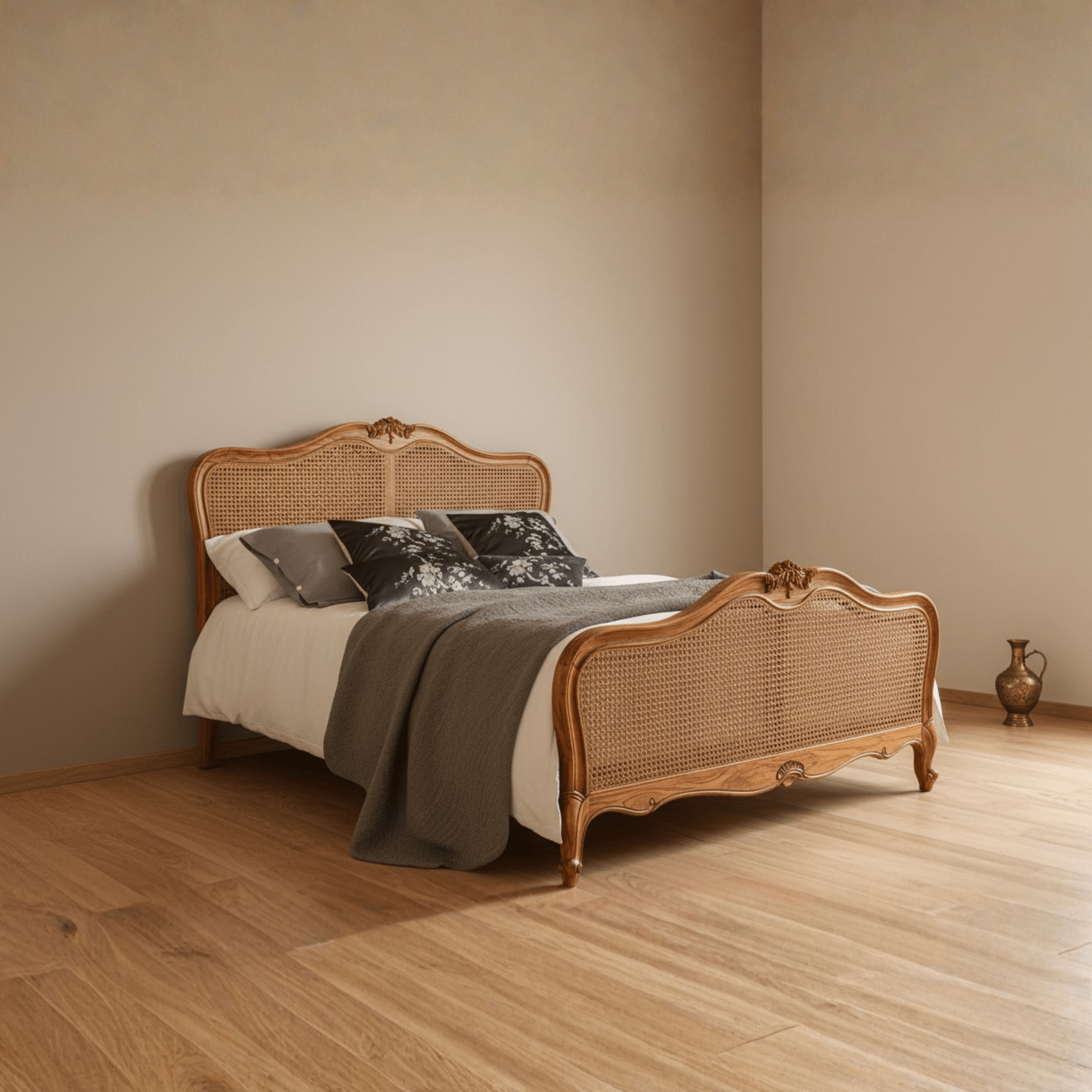 French Style Single Super king Noridc Rustic Antique King Queen Size teak Wooden Rattan Bed - TimberCraft