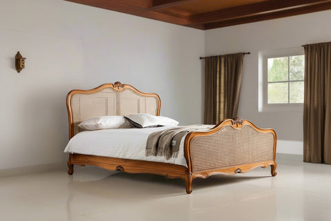 French Style Single Super king Noridc Rustic Antique King Queen Size teak Wooden Rattan Bed