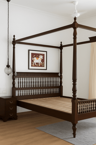 Handcrafted Mahogany Four Poster Bed – King Size | Elegant Indian Bedroom Furniture - TimberCraft