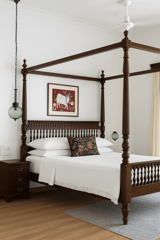 Handcrafted Mahogany Four Poster Bed – King Size | Elegant Indian Bedroom Furniture - TimberCraft