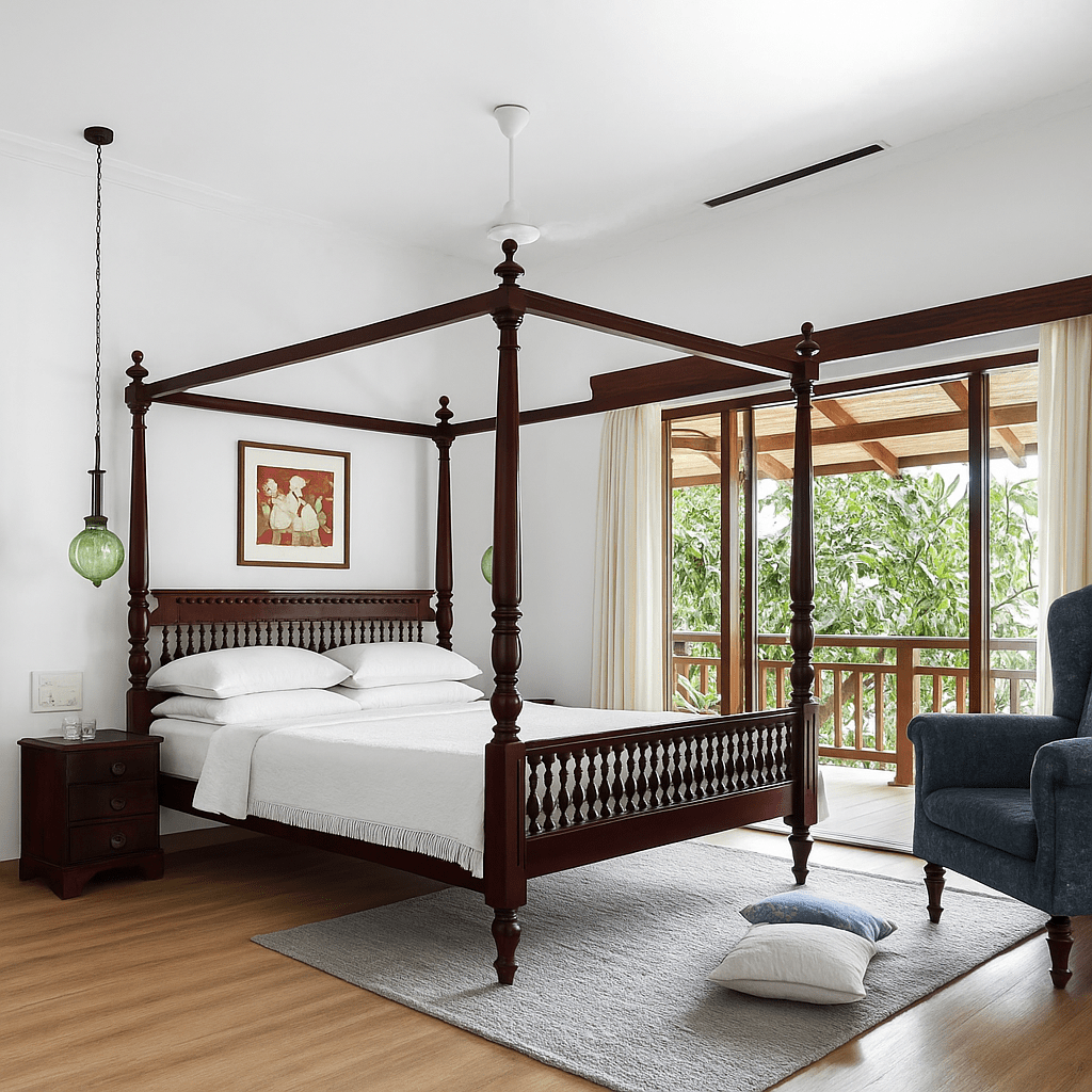 Handcrafted Mahogany Four Poster Bed – King Size | Elegant Indian Bedroom Furniture - TimberCraft