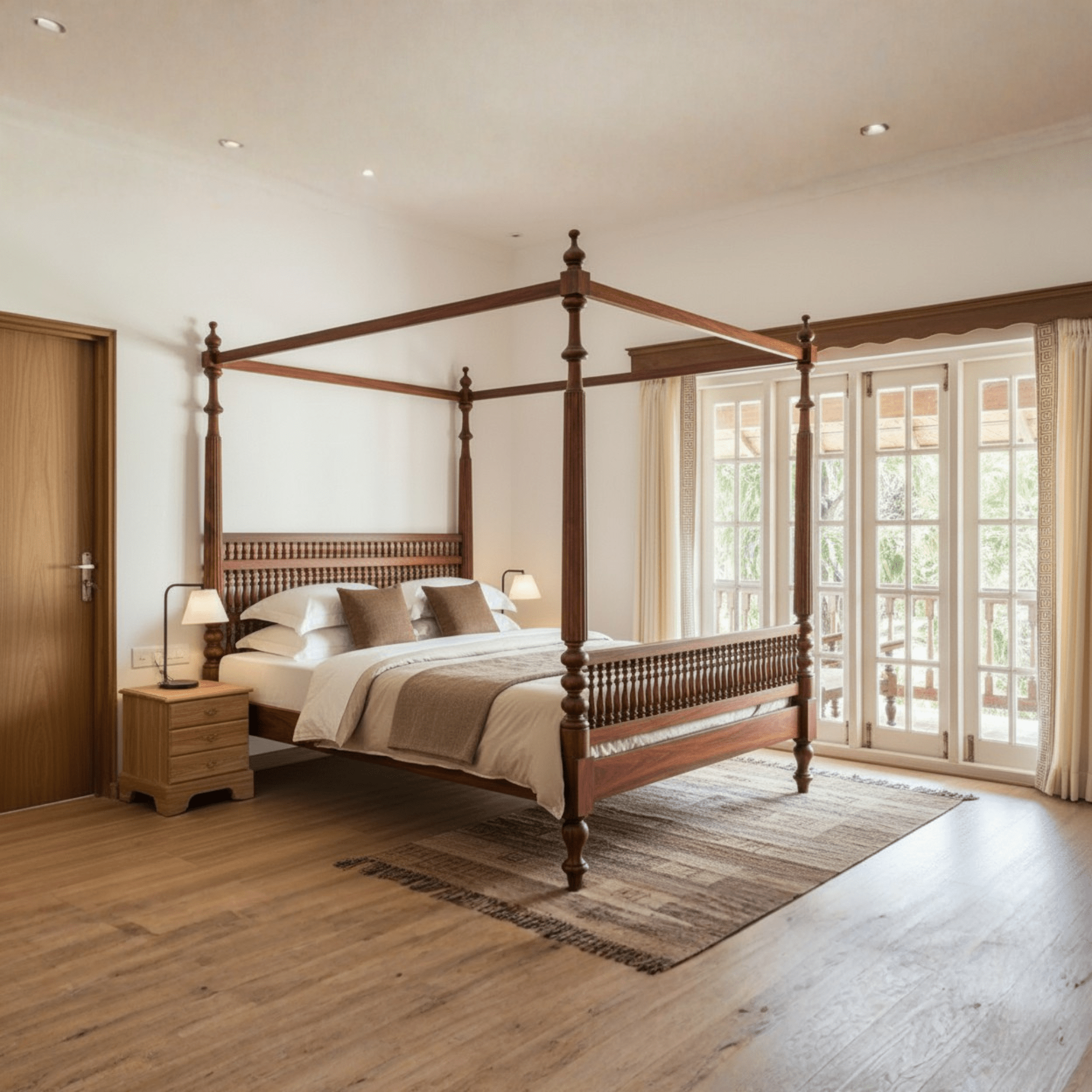 Bedroom with wooden four-poster bed and large windows