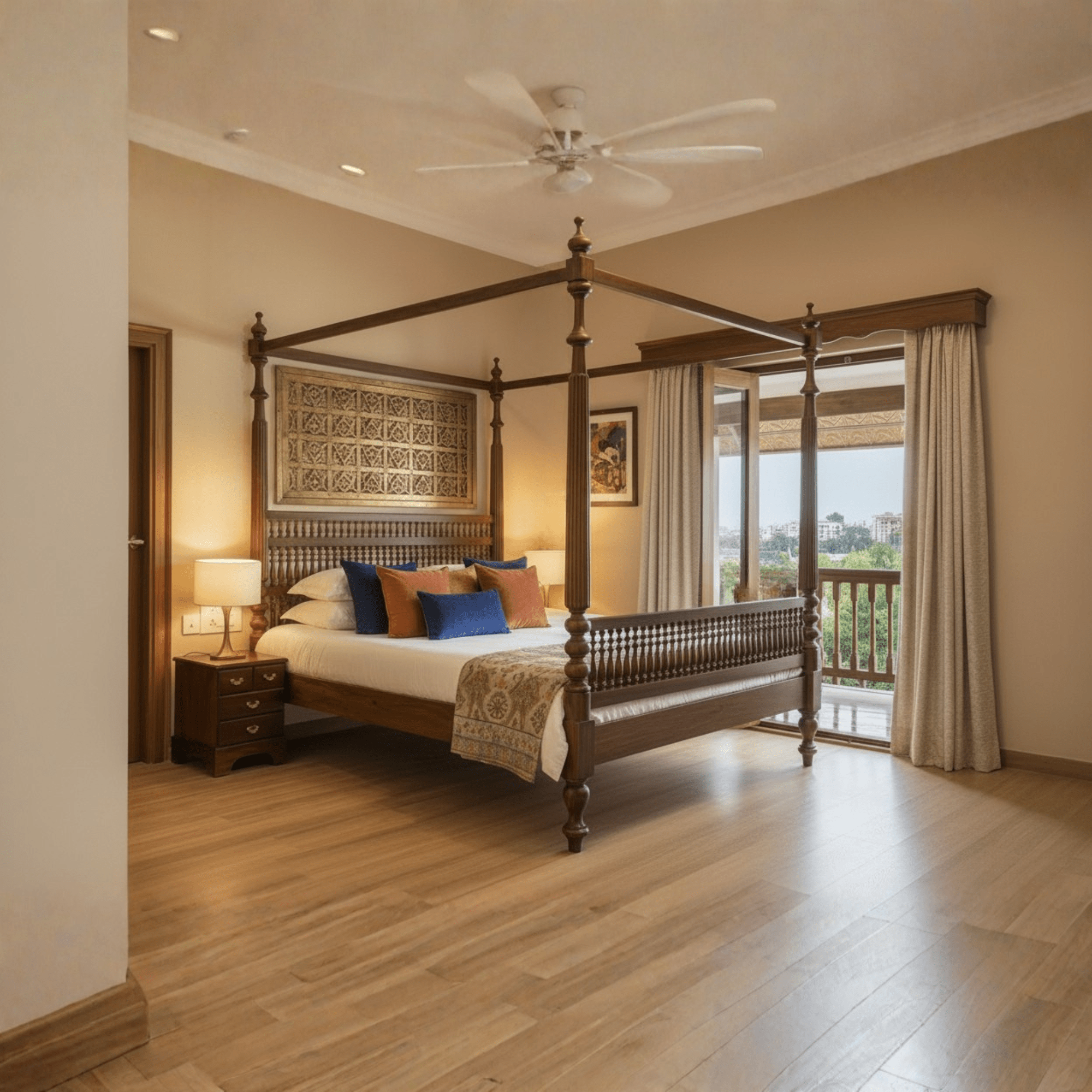 Bedroom with wooden four-poster bed and balcony view