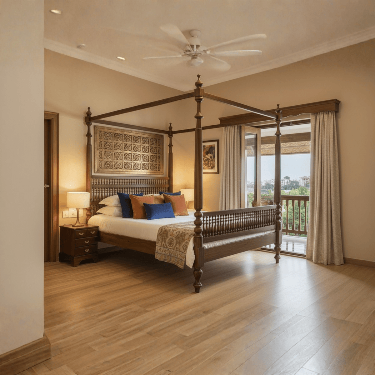 Bedroom with wooden four-poster bed and balcony view