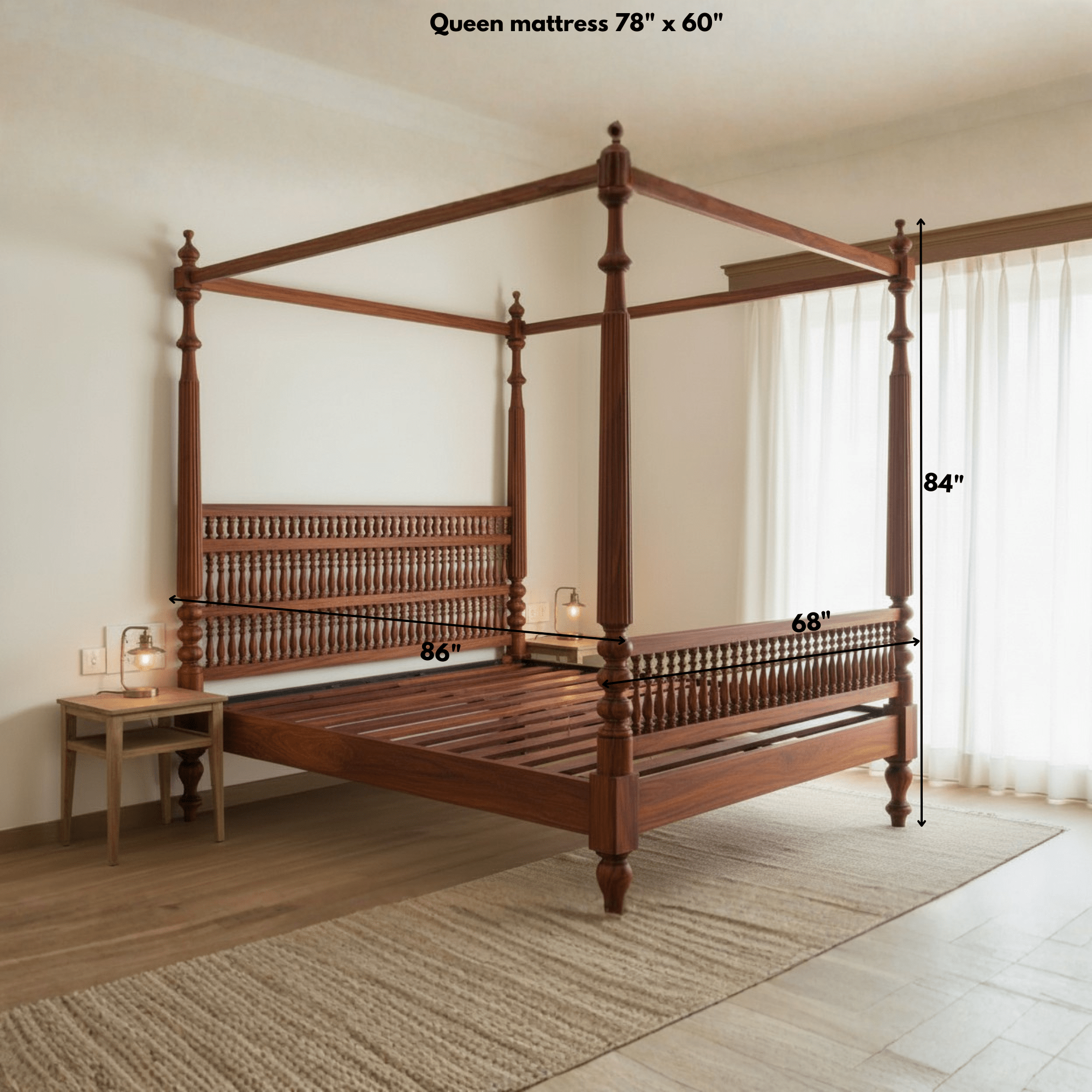 Solid teak wood four poster bed showing queen mattress dimensions