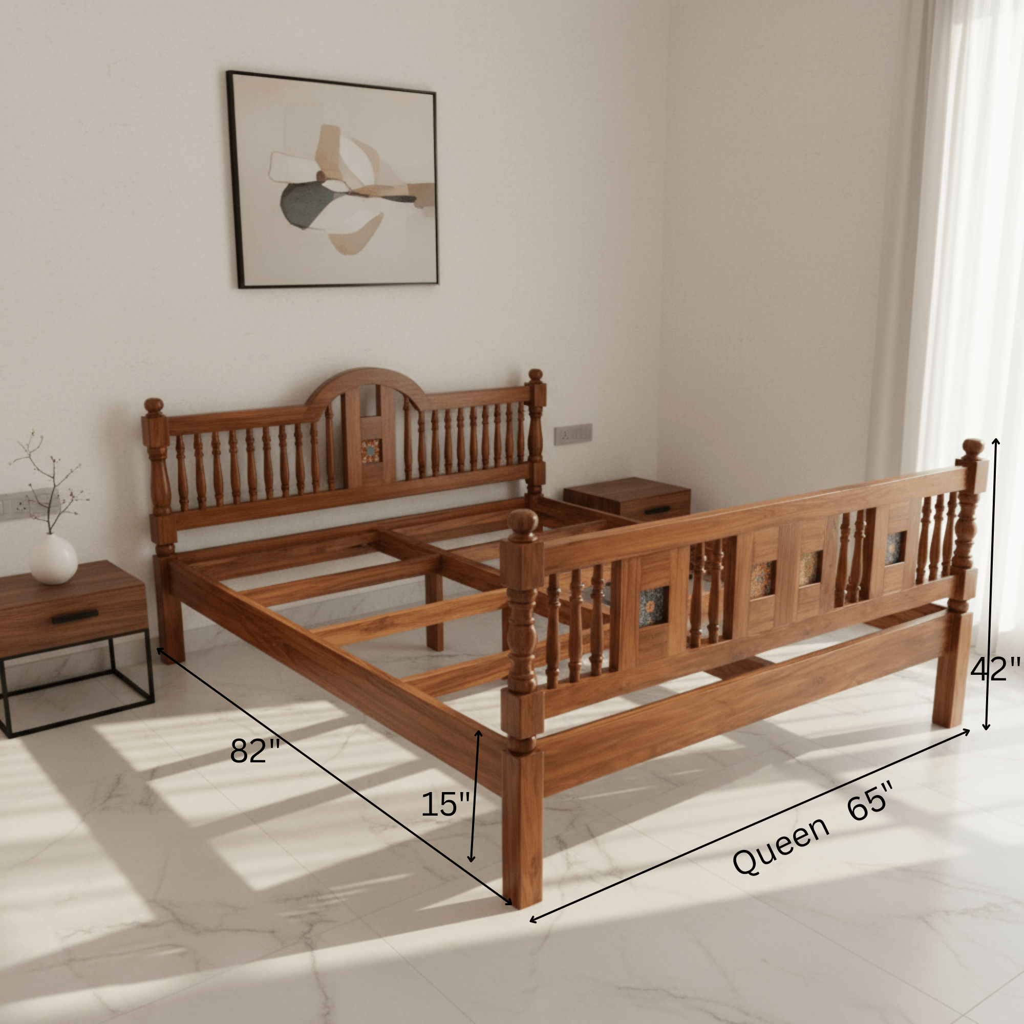 Solid teak wood bed with dimensions for queen size