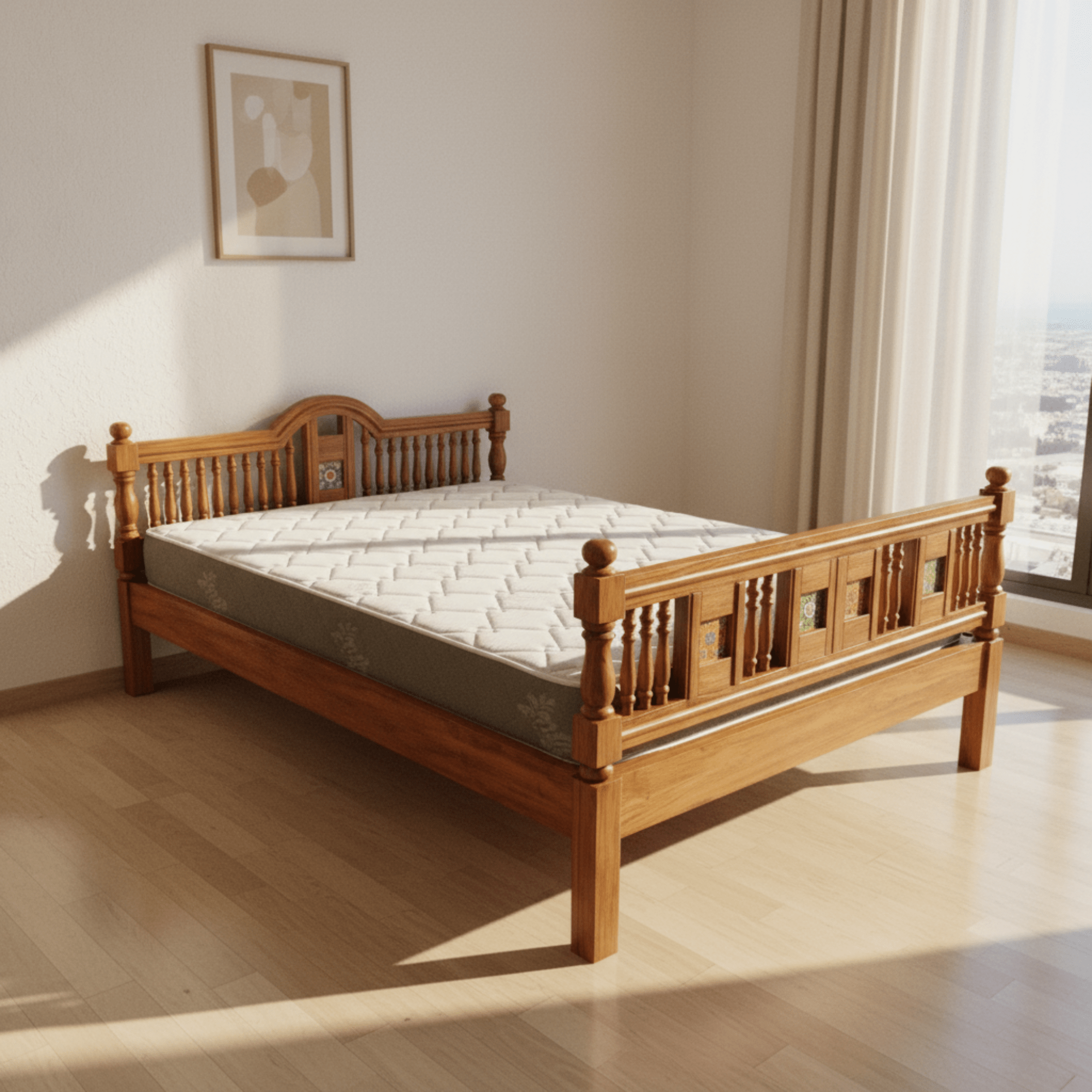 Handcrafted solid teak wood bed with mattress and footboard detailing