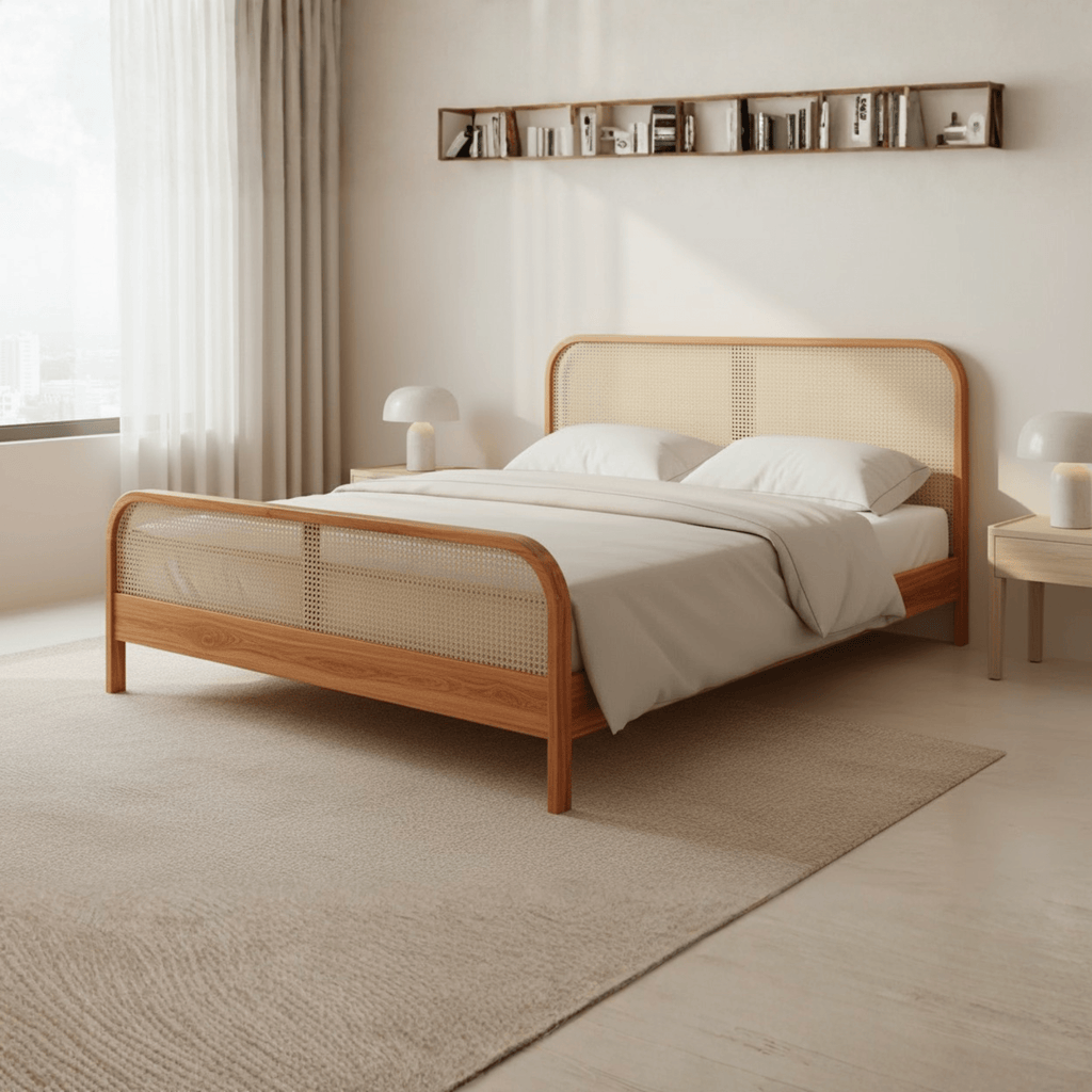 Natural teak wood bed with woven rattan panels styled in a minimal modern bedroom with soft daylight.

Use: