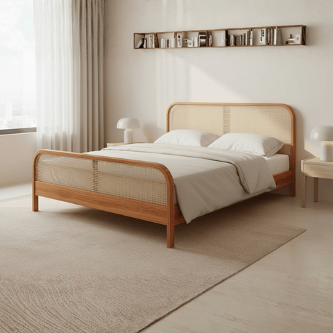 Natural teak wood bed with woven rattan panels styled in a minimal modern bedroom with soft daylight.

Use: