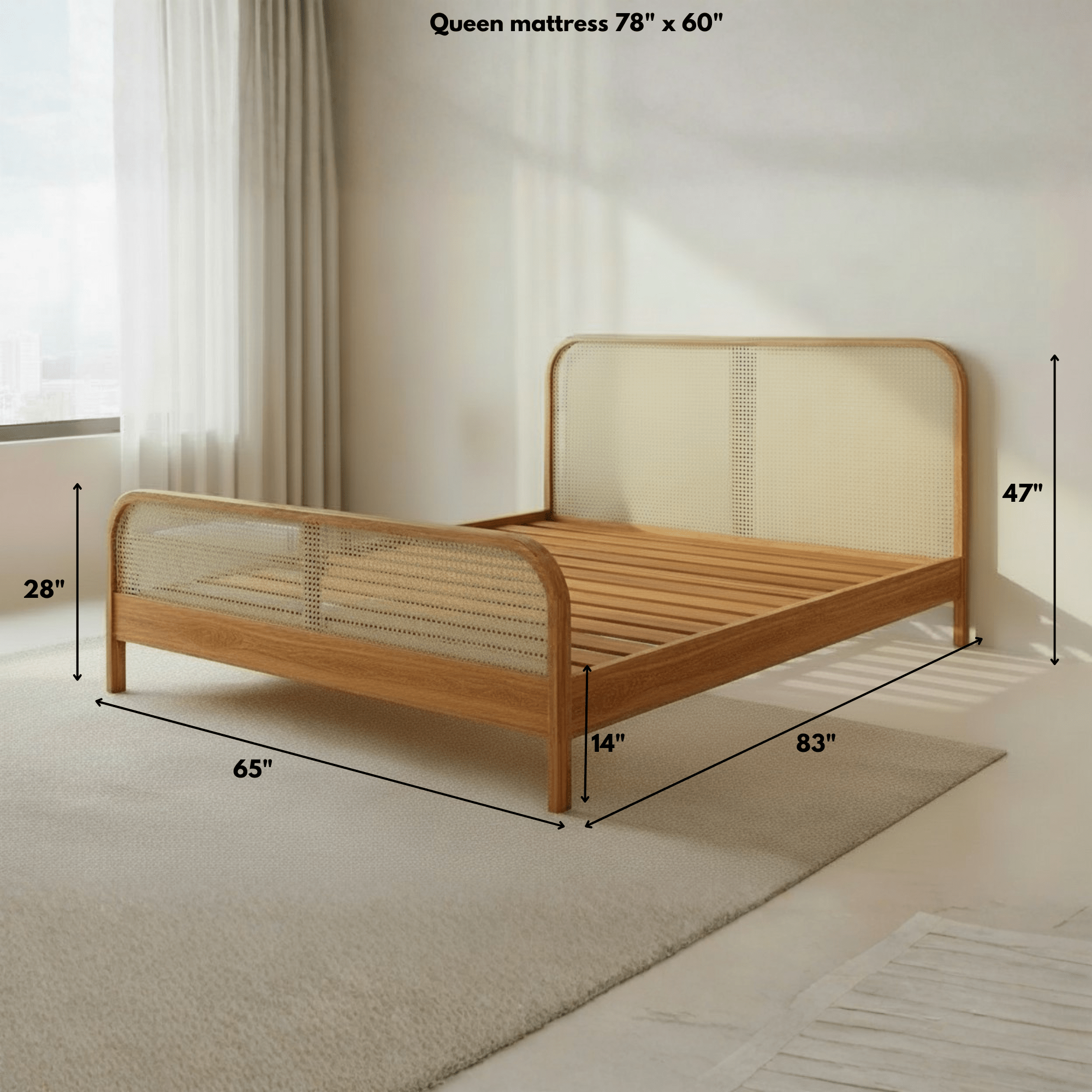 Queen size teak wood rattan bed showing mattress size 78 x 60 inches with detailed frame dimensions