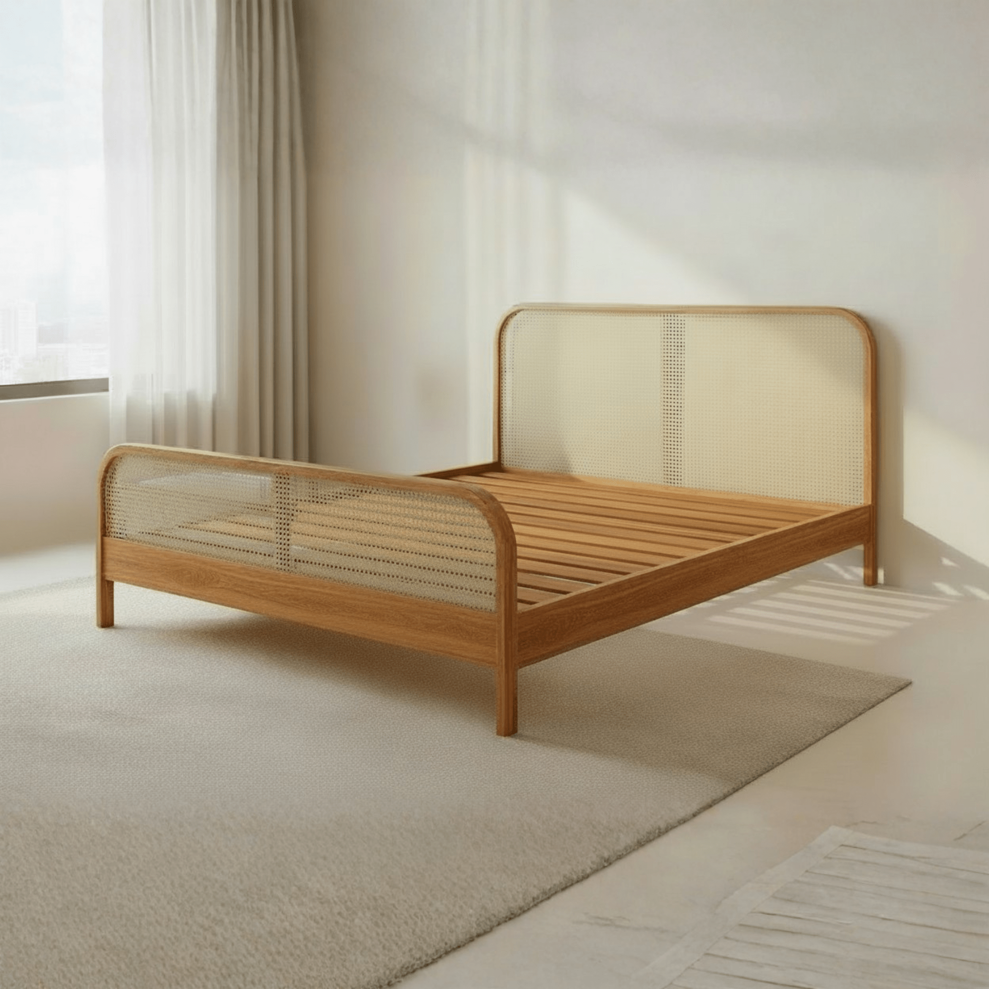 Teak wood bed frame without mattress showing sturdy wooden slat base for airflow and support