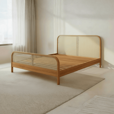 Teak wood bed frame without mattress showing sturdy wooden slat base for airflow and support