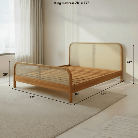 King size teak wood rattan bed with mattress dimensions 78 x 72 inches and full frame measurements.

Use: