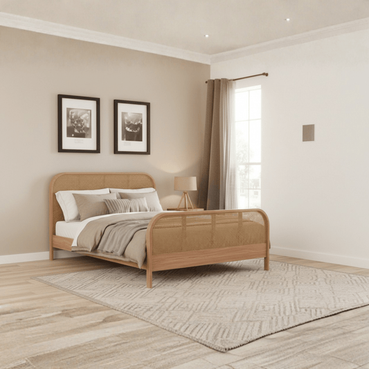 Angled view of handcrafted teak wood bed with rattan headboard and footboard in an urban Indian bedroom setting