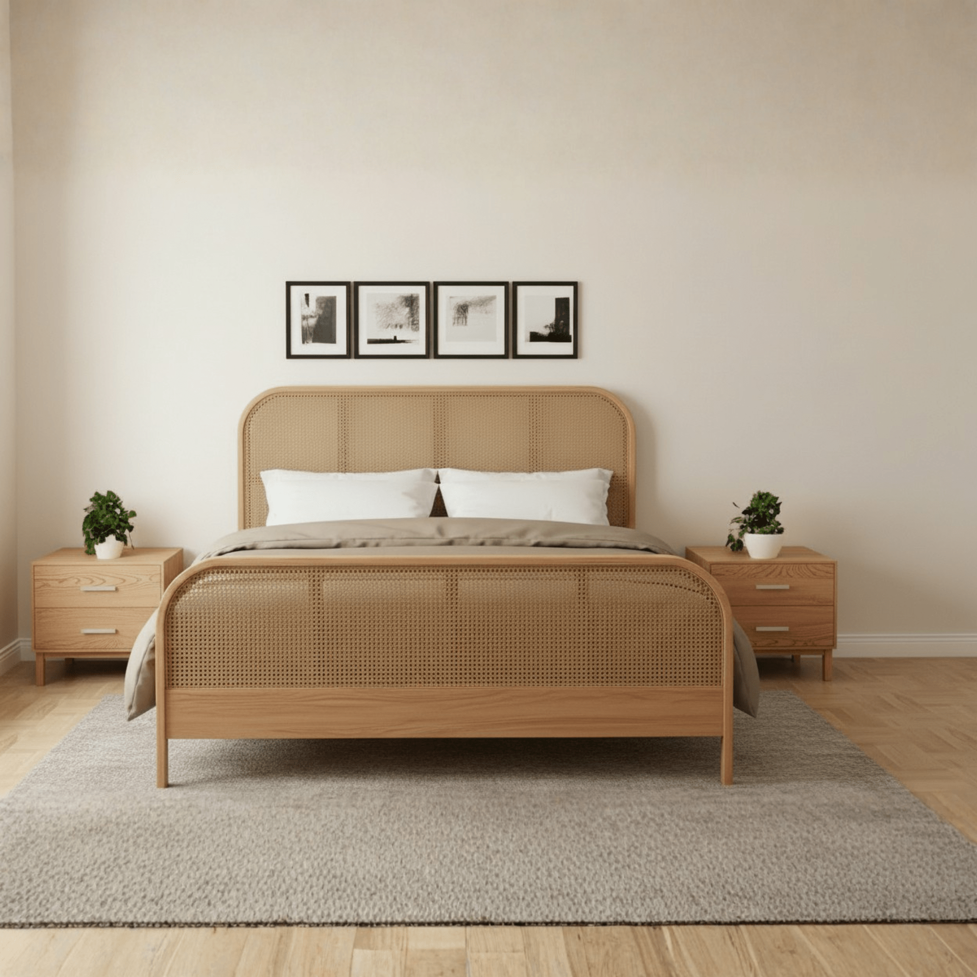 Solid teak wood rattan bed with natural finish shown in a modern Indian bedroom, king size with upholstered bedding.