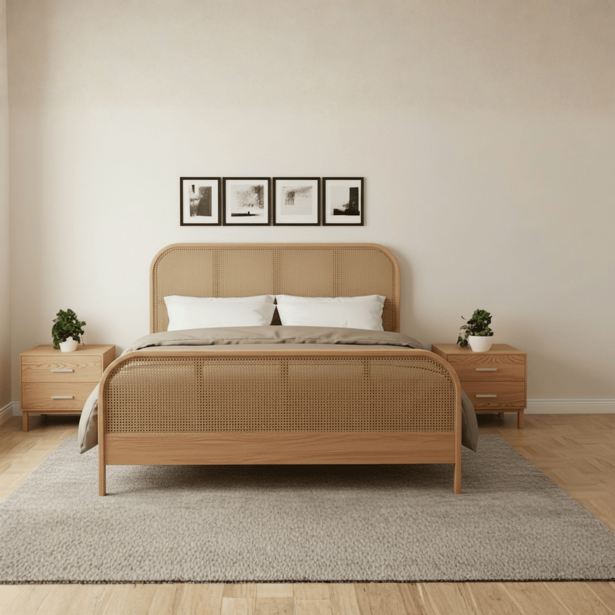 Solid teak wood rattan bed with natural finish shown in a modern Indian bedroom, king size with upholstered bedding.