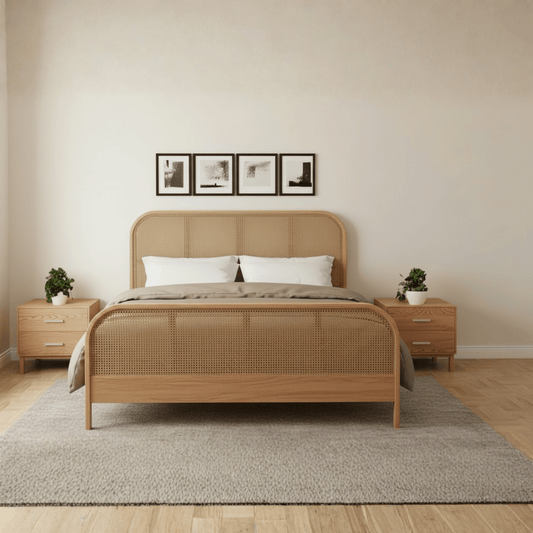 Solid teak wood rattan bed with natural finish shown in a modern Indian bedroom, king size with upholstered bedding.