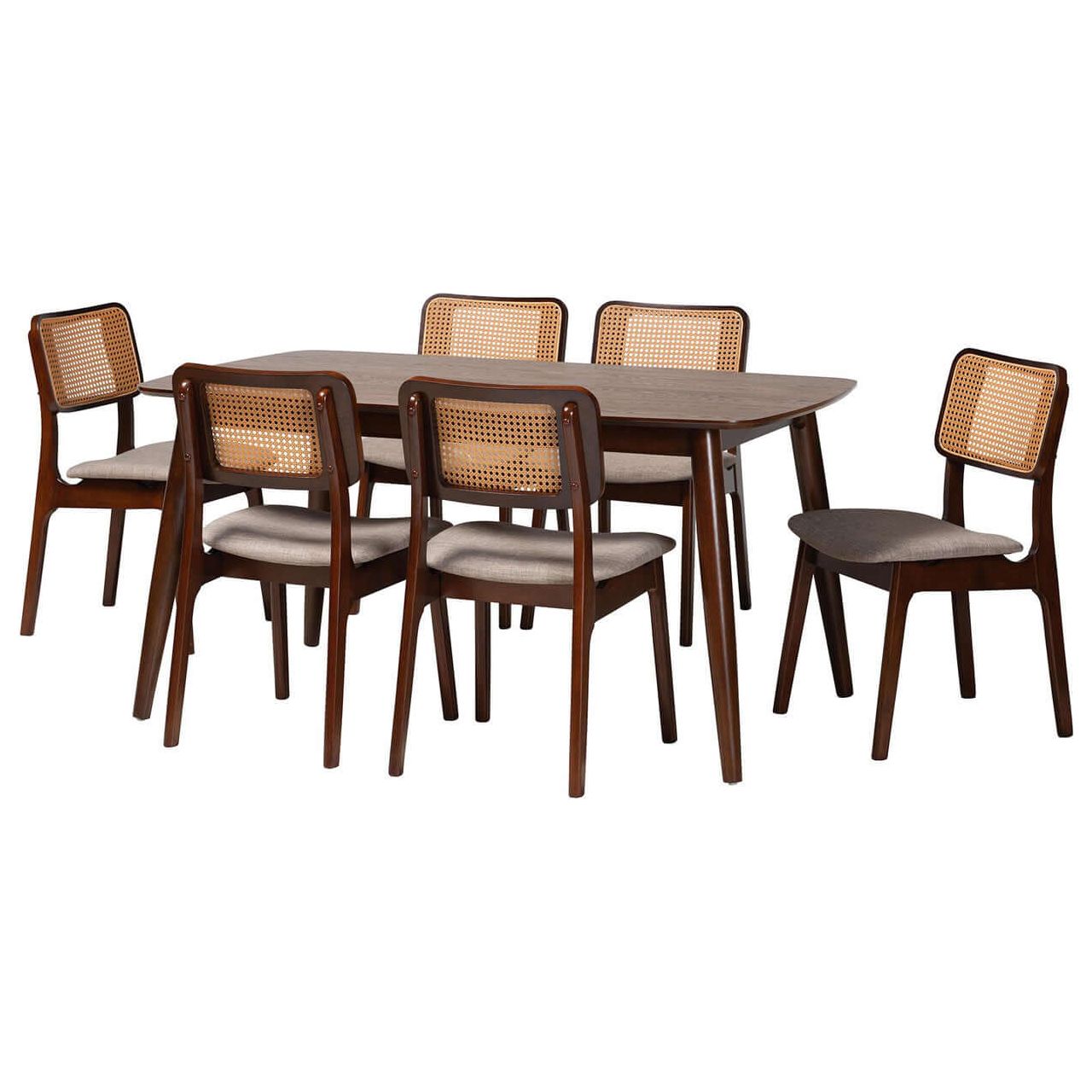 Inviting Mid - Century Charm: Teak Dining Set with Rattan Accents - TimberCraft