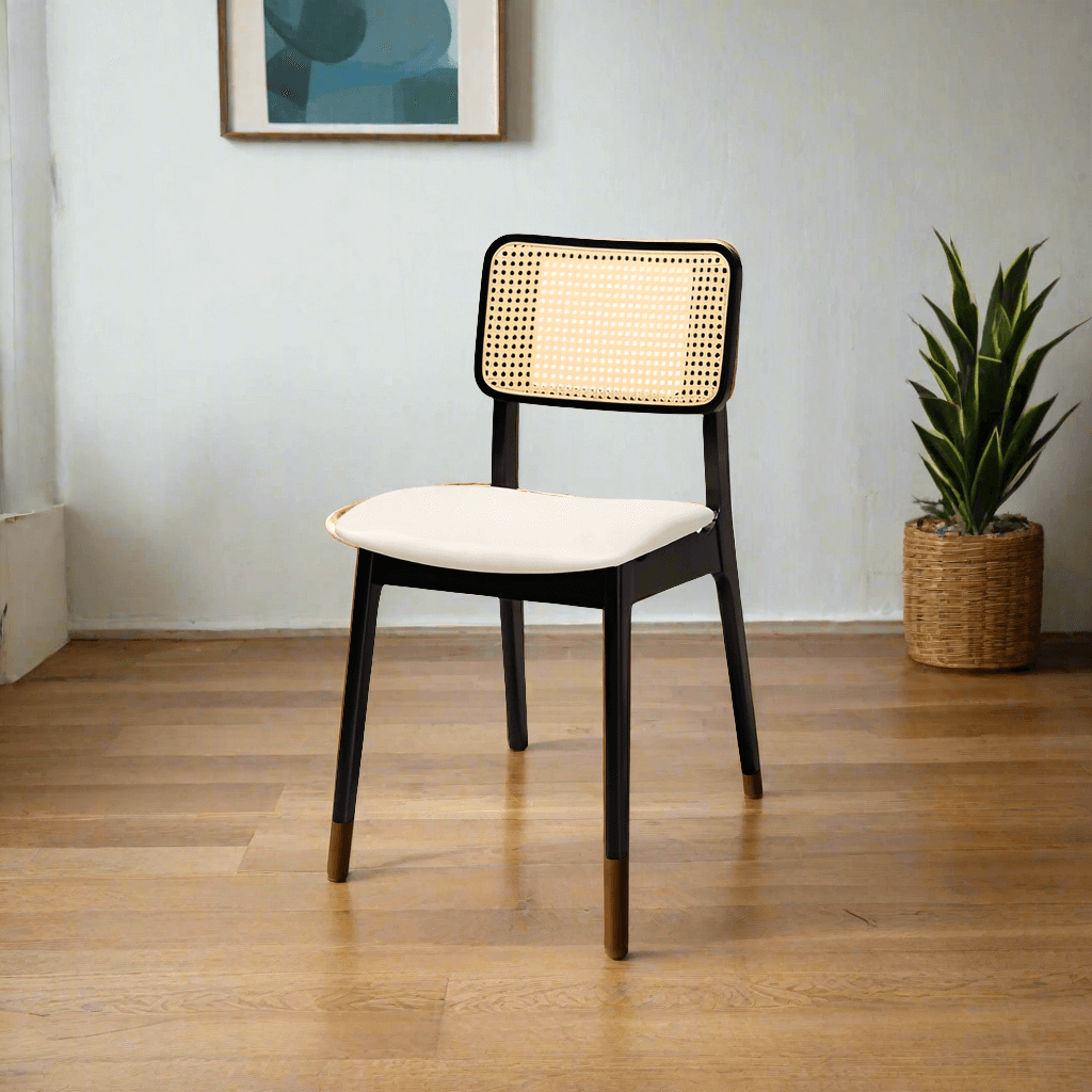 Inviting Mid - Century Charm: Teak Dining Set with Rattan Accents - TimberCraft