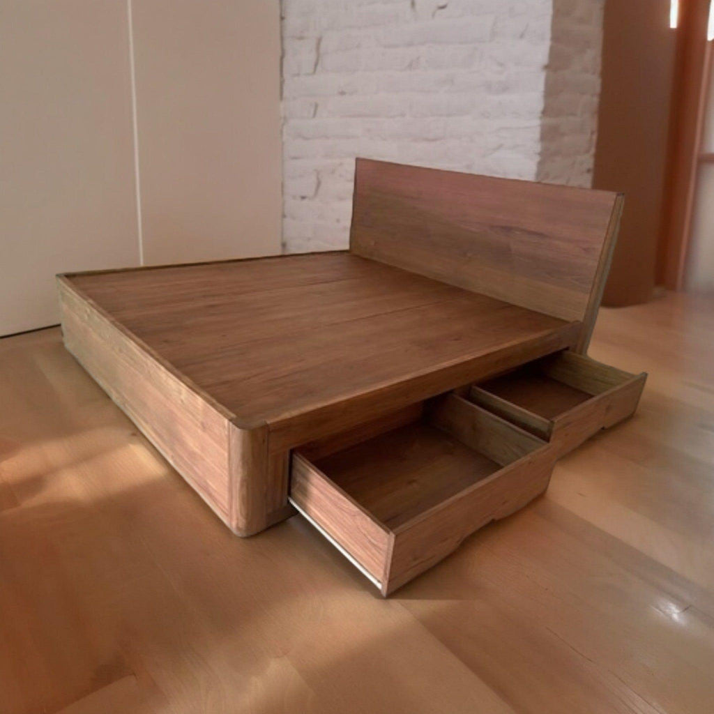 Luxurious and Functional: Teak Wood Platform Bed with 4 Drawers - TimberCraft