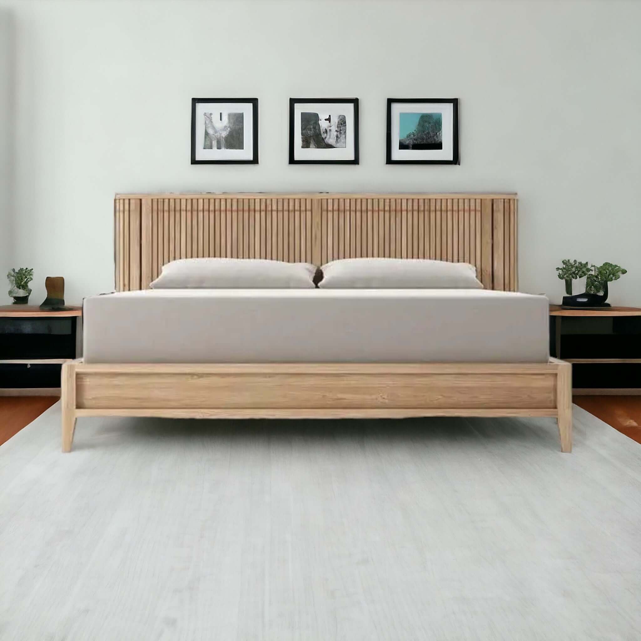 Luxurious Teak Wood Bed Design with Fluted Headboard and Built - in Bedside Tables - TimberCraft