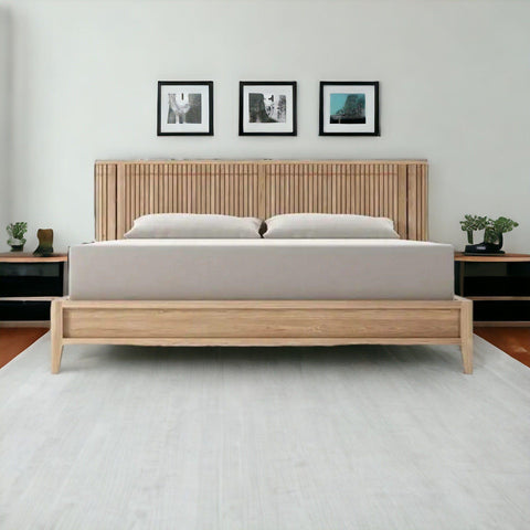Luxurious Teak Wood Bed Design with Fluted Headboard and Built - in Bedside Tables - TimberCraft