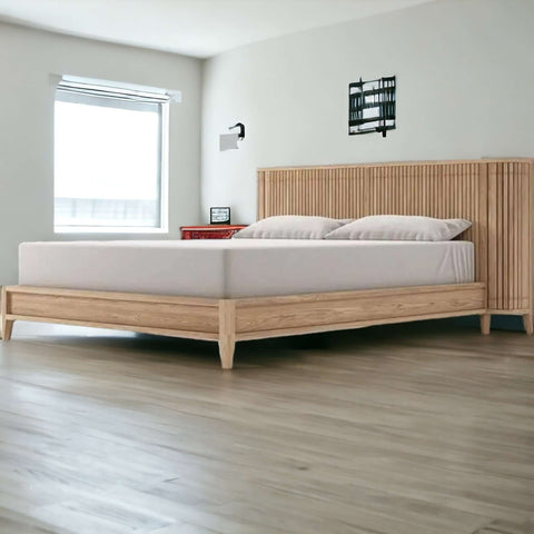 Luxurious Teak Wood Bed Design with Fluted Headboard and Built - in Bedside Tables - TimberCraft