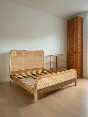 Luxurious Teak Wood Rattan Bed - side angle
