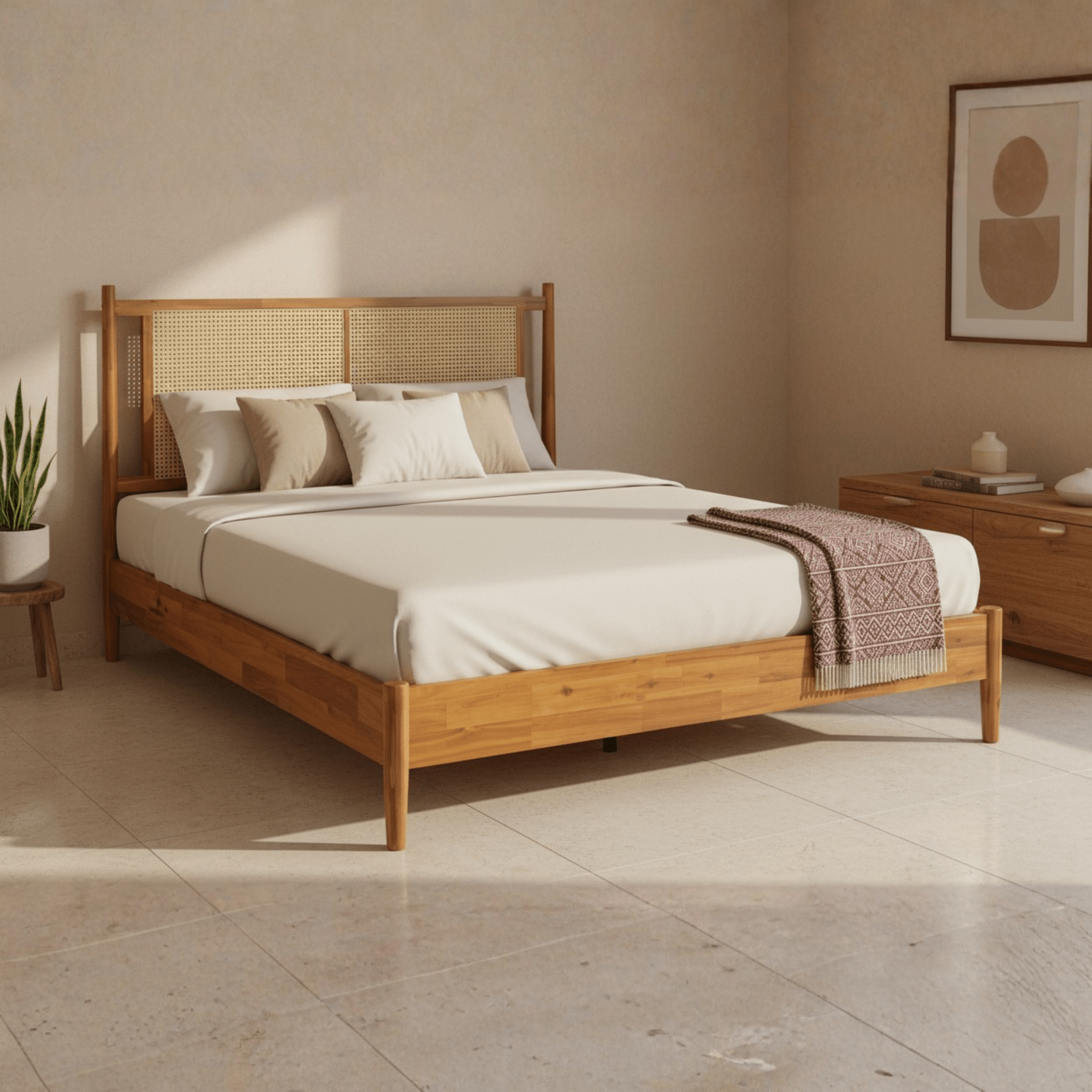 Solid teak wood bed with cane headboard in a modern Indian bedroom