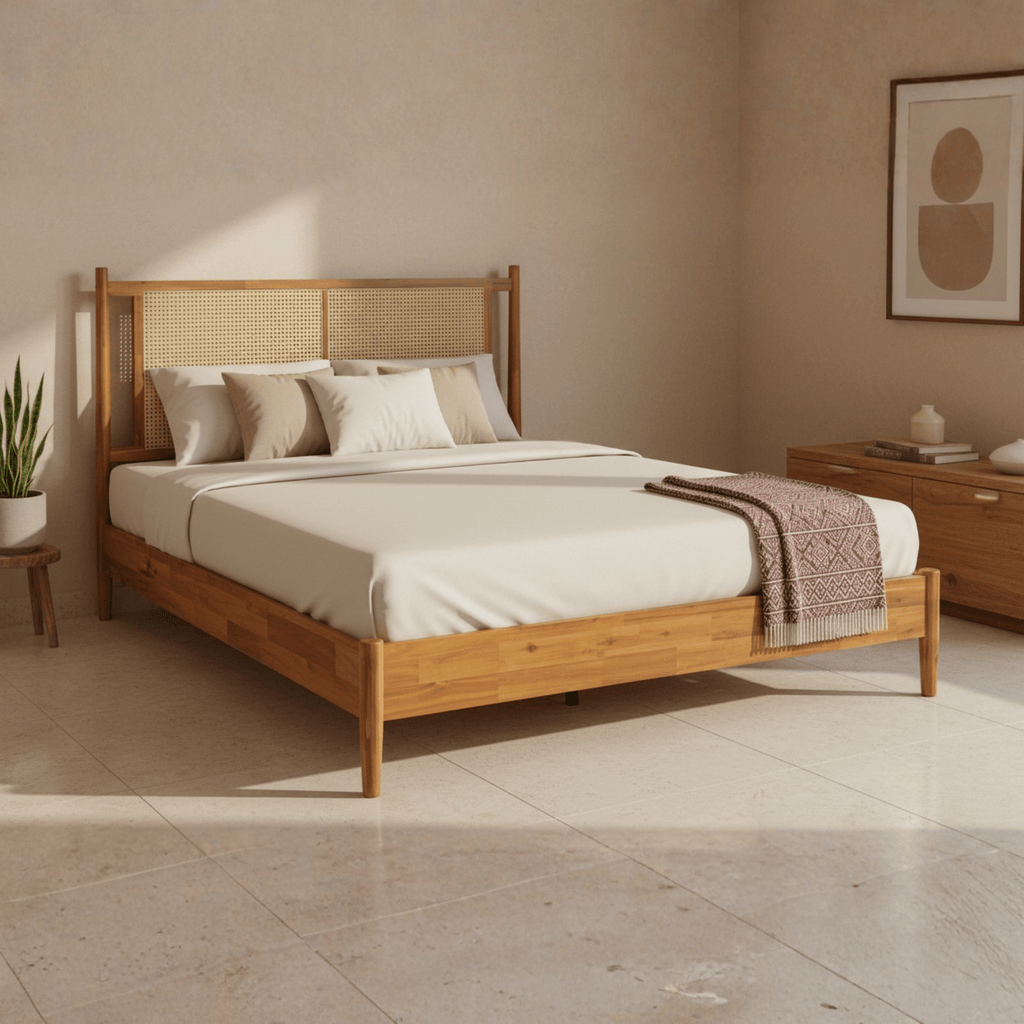 Solid teak wood bed with cane headboard in a modern Indian bedroom