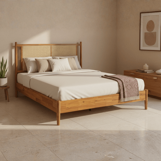 Solid teak wood bed with cane headboard in a modern Indian bedroom
