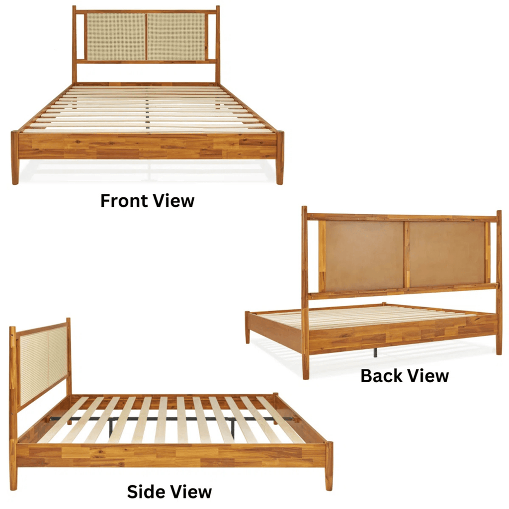 Back view of solid teak wood bed with cane headboard