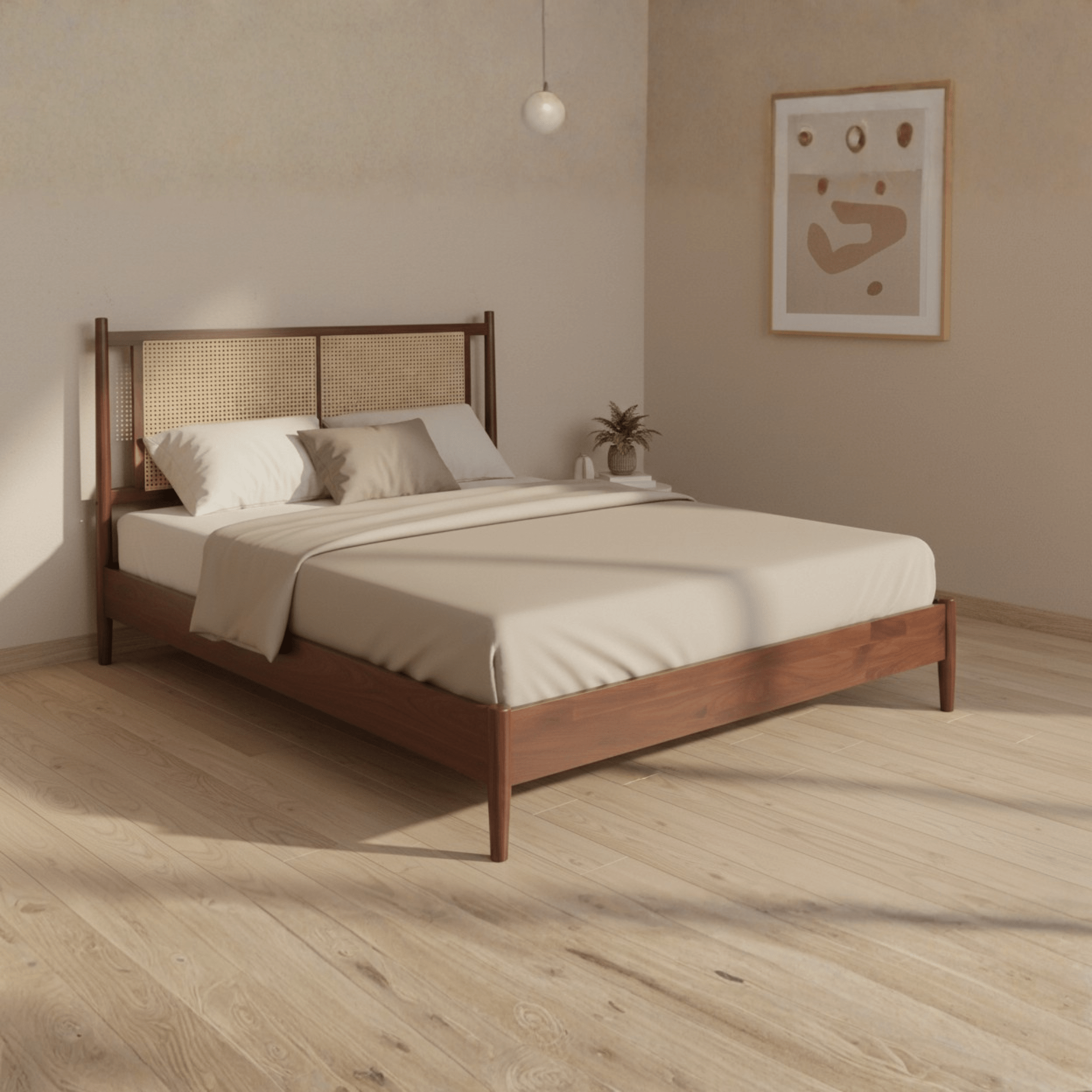 Angled view of solid teak wood bed frame in natural finish