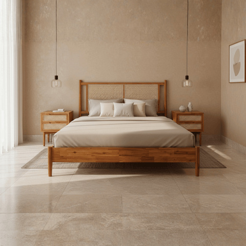 Front view of solid teak wood bed with cane panel headboard