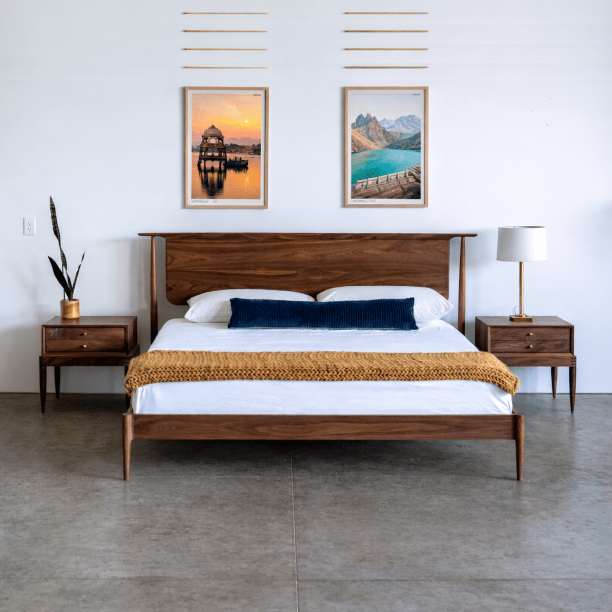 Premium teak wood queen bed with recessed mattress platform and tapered legs