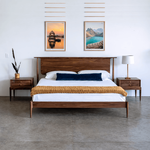 Premium teak wood queen bed with recessed mattress platform and tapered legs