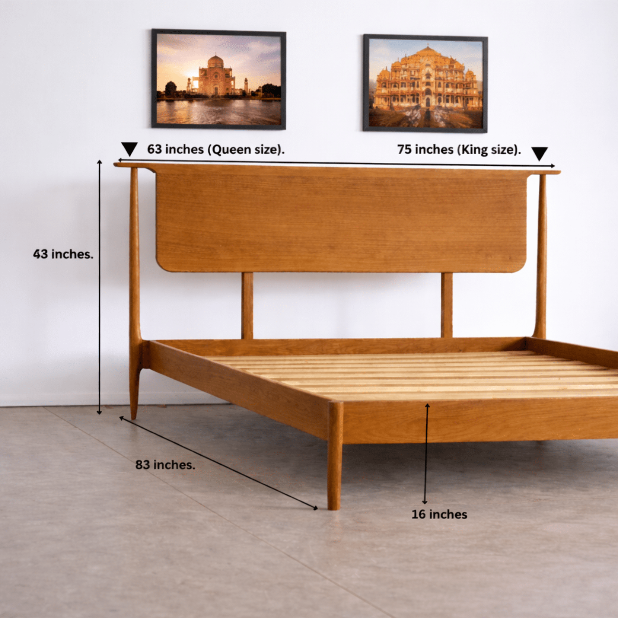 Handcrafted solid teak wood bed frame with minimalist design and wooden slats