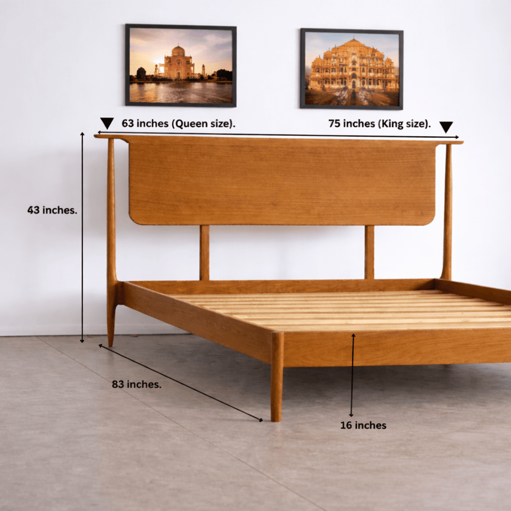 Handcrafted solid teak wood bed frame with minimalist design and wooden slats