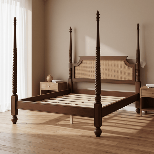 Wooden bed with wicker headboard in a bedroom setting