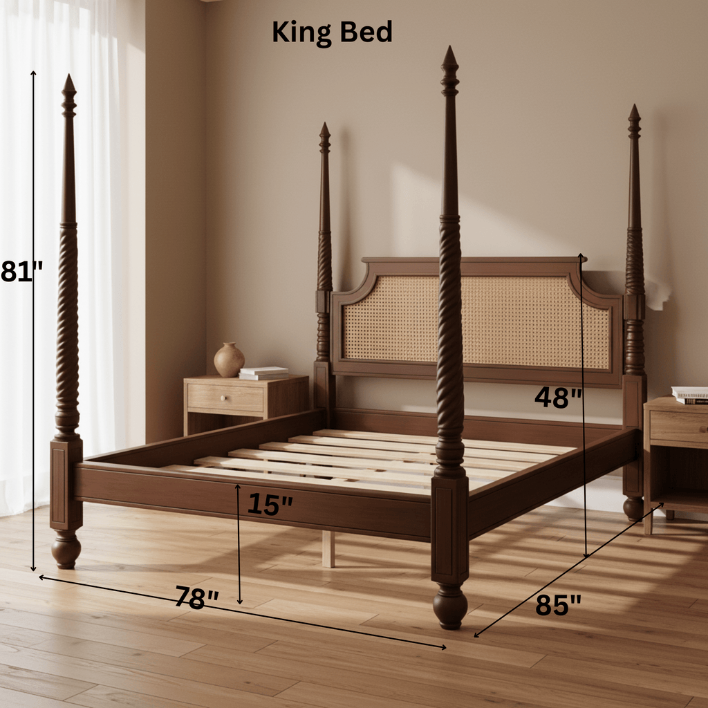 Wooden king bed with dimensions labeled in a bedroom setting