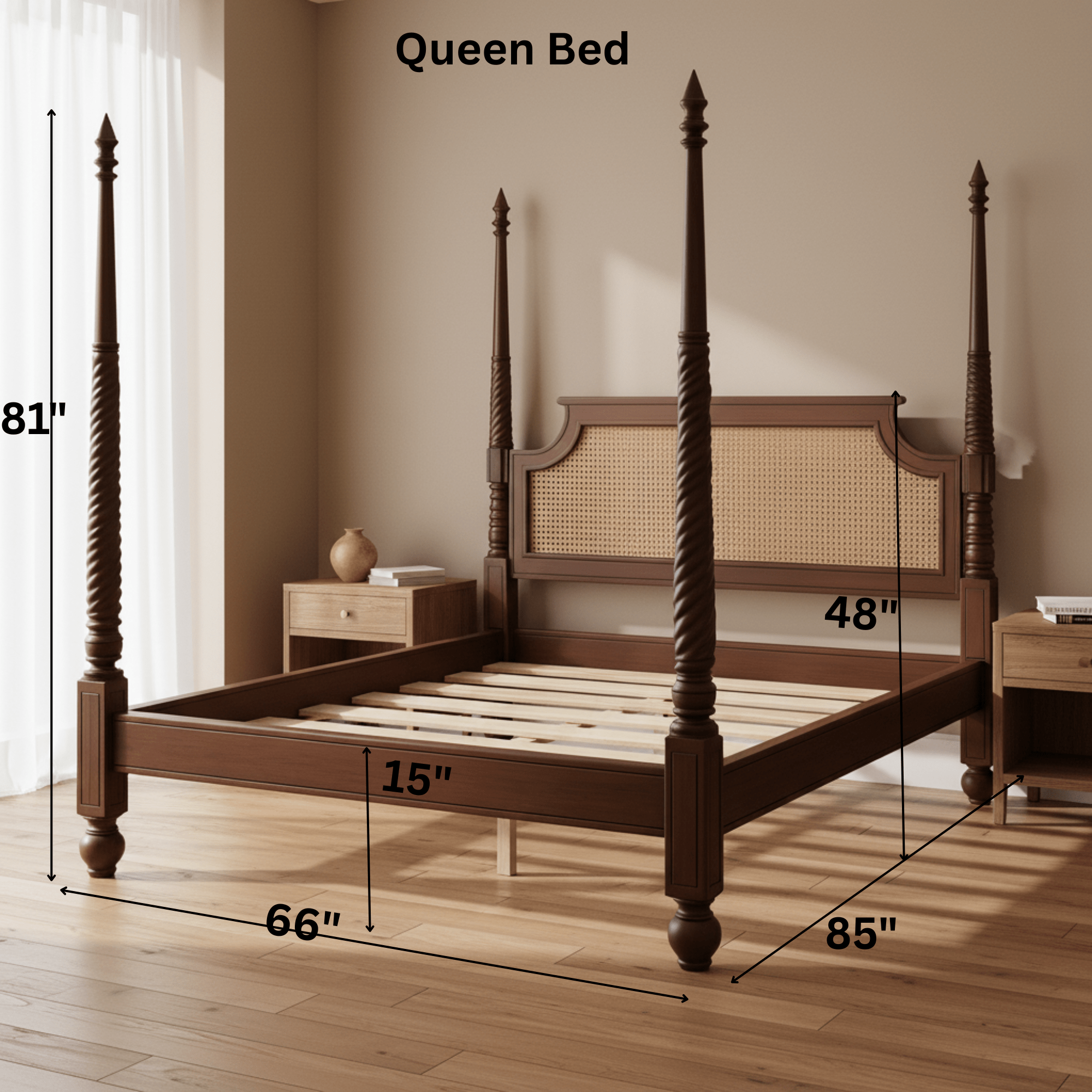 Wooden queen bed with dimensions labeled in a room setting