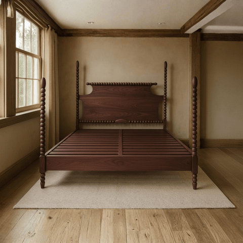 Handcrafted solid teak bed in South Indian poster style