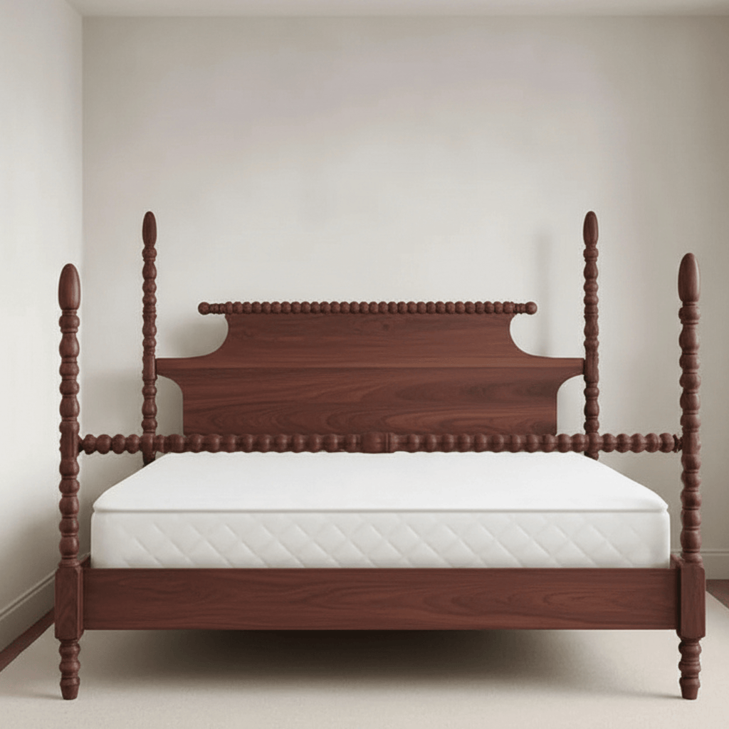 Solid teak poster bed with hand-turned pillars and natural teak finish